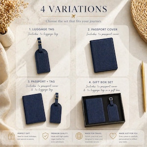 May include: A set of four travel accessory variations in dark blue. Option 1 is a luggage tag. Option 2 is a passport cover. Option 3 includes a passport cover and a luggage tag. Option 4 is a gift box set containing a passport cover and a luggage tag.