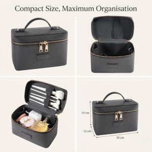 May include: A black textured cosmetic case with a top handle and gold-tone double zippers. The interior features elastic brush holders and open storage compartments. The case measures 20 cm by 12 cm by 14 cm. Text reads: Compact Size, Maximum Organisation.