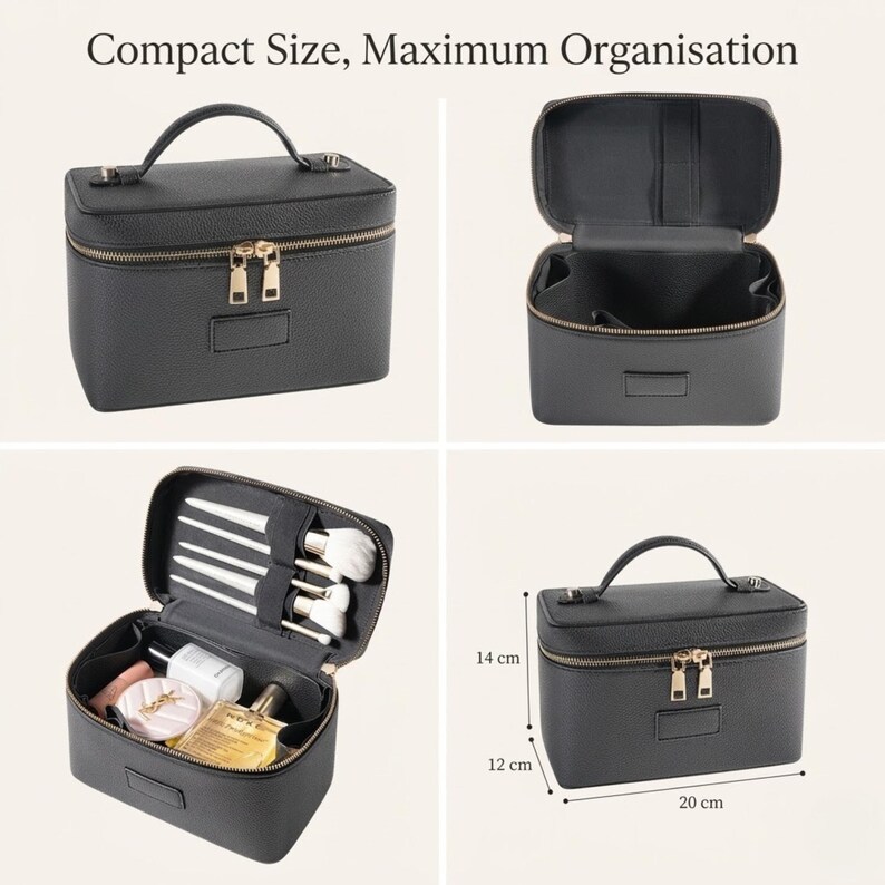 May include: A black textured cosmetic case with a top handle and gold-tone double zippers. The interior features elastic brush holders and open storage compartments. The case measures 20 cm by 12 cm by 14 cm. Text reads: Compact Size, Maximum Organisation.
