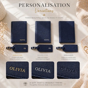 May include: Three navy blue passport holders and matching luggage tags displayed with personalization options: gold foil, silver foil, and debossed text. The text reads PERSONALISATION Variations, THREE BEAUTIFUL WAYS TO MAKE IT YOURS, OLIVIA, OL, and A GIFT THAT'S UNIQUELY THEIRS.