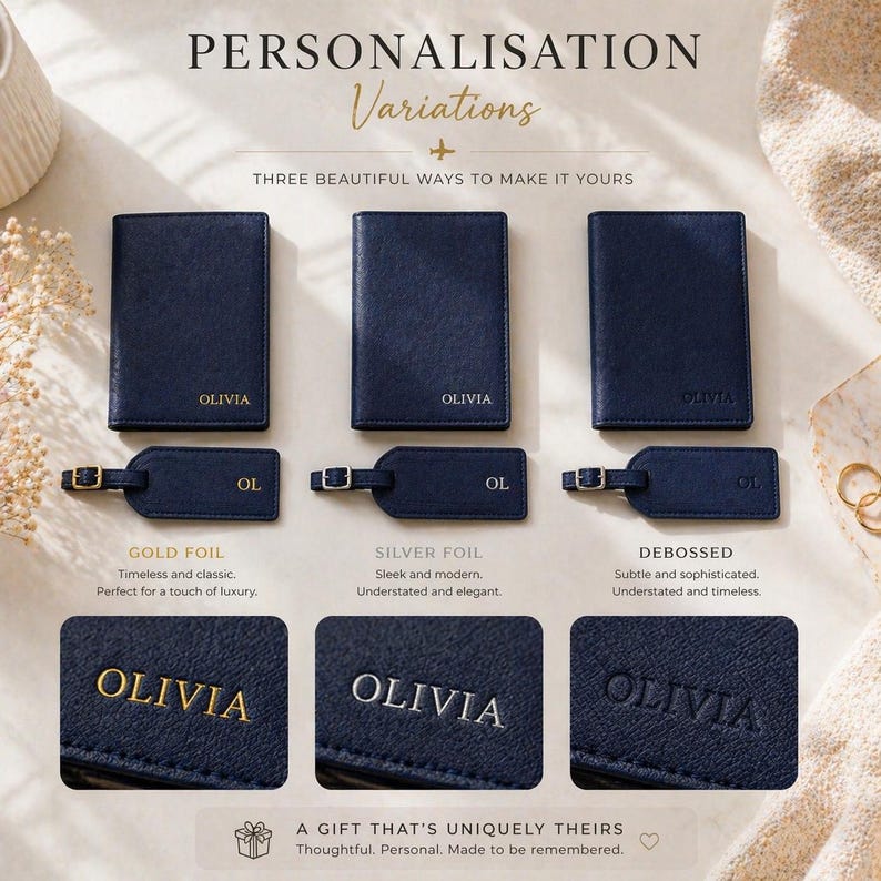 May include: Three navy blue passport holders and matching luggage tags displayed with personalization options: gold foil, silver foil, and debossed text. The text reads PERSONALISATION Variations, THREE BEAUTIFUL WAYS TO MAKE IT YOURS, OLIVIA, OL, and A GIFT THAT'S UNIQUELY THEIRS.