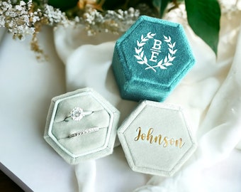 Personalized Velvet Ring Box | Custom Engraved | Hexagonal Engagement Ring Holder | Elegant Wedding Proposal Box Monogram | Wedding GIft |