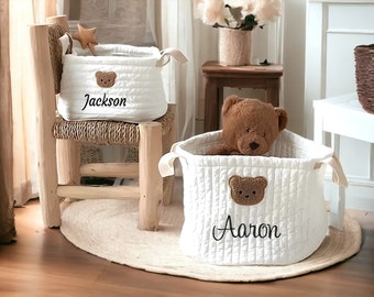 Personalized Baby Toy Storage Basket | Embroidered Name Bear Design | Cute Baby Diaper Sorting Bin | Baby Shower Gift Ideas |