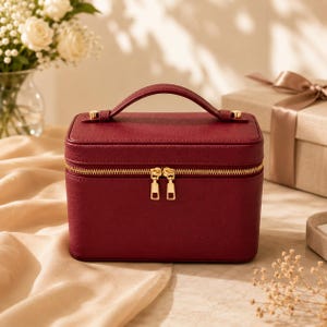 May include: A rectangular burgundy cosmetic case with a textured finish, featuring a top handle and a gold-toned double zipper closure. The structured bag has a clean, minimalist design with gold hardware accents on the handle attachments.