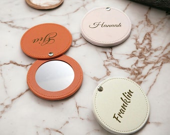 Personalized Mini Leather Pocket Mirror | Portable Travel Makeup Mirror | Engraved Name | Bridesmaid Wedding Gift For Her |