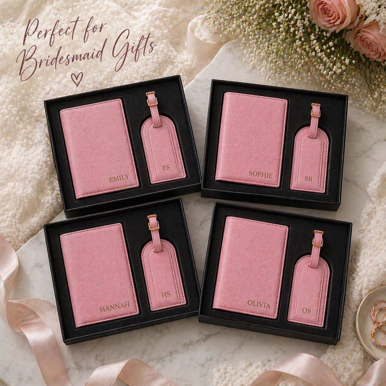 May include: Four black gift boxes each containing a pink passport holder and a matching pink luggage tag. The items are personalized with names including Emily, Sophie, Hannah, and Olivia, and initials ES, SR, HS, and OS in gold lettering.