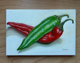 Peppers - Art hyperréaliste - Peinture acrylique originale - Réalisme alimentaire - Acrylique sur toile.