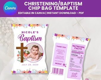 Canva Editable Baptism/Christening Custom Chip Bag Template | Party Favors Baptism, Christening Favors, Baptism Bags, Baptism Favors Girl