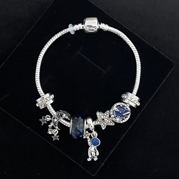 Bracelet maille serpent style Pandora moments fermoir barillet breloques avec charms en argent Sterling925 gris lune étoile astronaute