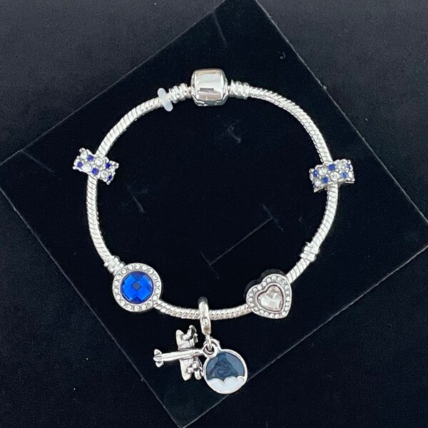 Bracelet maille serpent style Pandora moments fermoir barillet breloques avec charms en argent Sterling925 bleu avion coeur