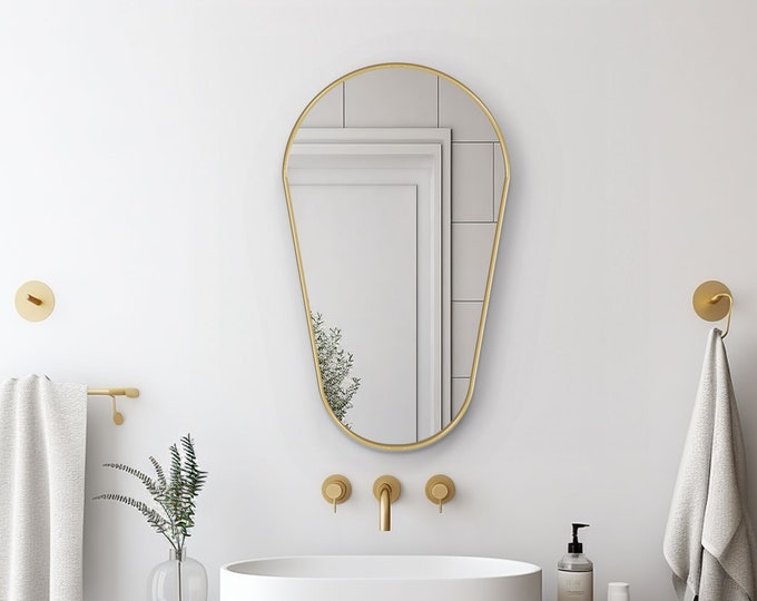 Asymmetrical Mirror for Bathroom, Luxury Wooden Edge Mirror, Decorative Mirror For Wall, Gold Frame Irregular Mirror, Large Wall Mirror