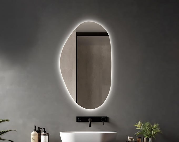 Illuminated LED Bathroom Mirror | Irregular Led Vanity Mirror | Large Wall Mirror with Lights | LED Lighted Wavy Mirror | Backlit Mirror
