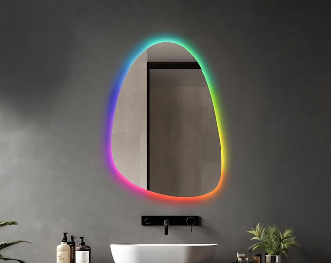 RGB LED MIRROR | Dimmable & Smartphone Control | Irregular Vanity Mirror | Large Wall Mirror with Lights | Modern Mirror |Backlit led Mirror