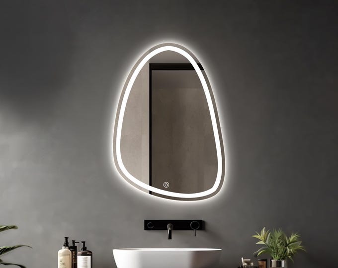 Unique Asymmetrical LED Wall Mirror | Modern Touch-Sensor Mirror | Luxury Bathroom Vanity | Customizable Sizes  | LED Wall Mirror