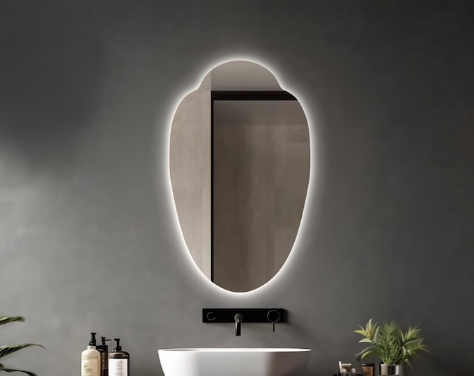 ASYMMETRICAL LED MIRROR | Modern Backlit Wall Mirror | Irregular Frameless Bathroom Mirror | Luxury Led Mirror | Decorative Home Mirror