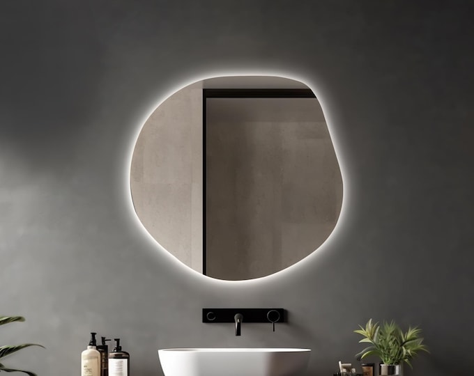 Asymmetrical LED Backlit Mirror | Modern Decorative Wall Mirror | RGB Lighted Bathroom Mirror | Minimalist & Stylish Home Decor