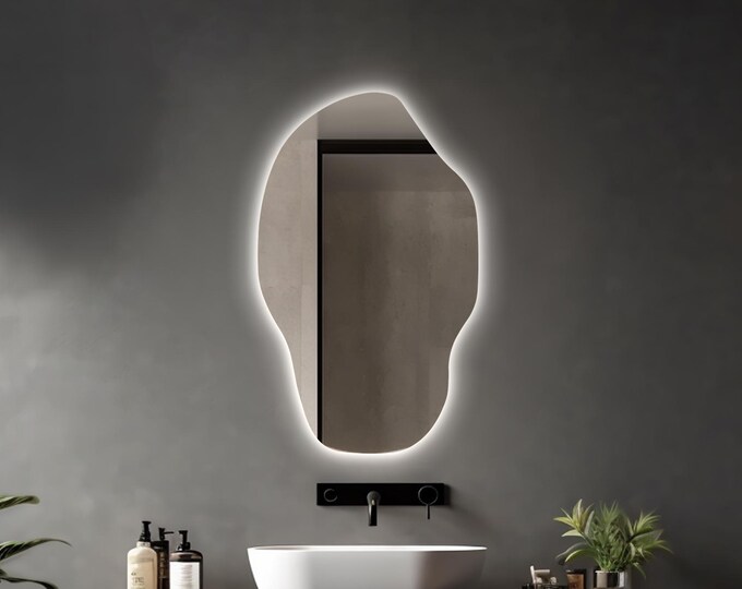 IRREGULAR LED MIRROR | Organic Shaped Backlit Mirror | Modern Frameless Wall Mirror | Unique Led Bathroom Vanity Mirror | Backlit Mirror