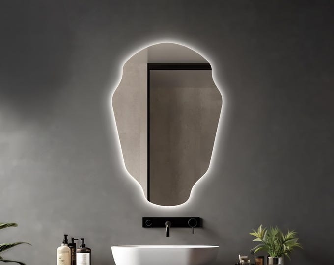 Asymmetrical LED Backlit Mirror | Modern Irregular Wall Mirror | Unique Lighted Bathroom Mirror | Minimalist & Stylish Home Decor
