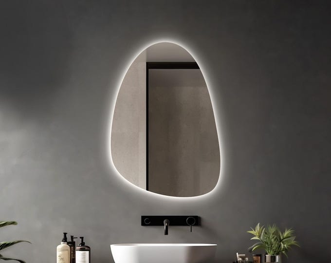 Asymmetrical Bathroom Mirror With LED Lights | Irregular Lighted Mirror | LED Vanity Mirror | Backlit Mirror | Illuminated Large Wall Mirror