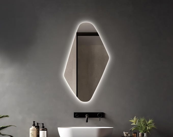 LED Backlit Wall Mirror | Asymmetrical Design for Modern Bathroom & Bedroom