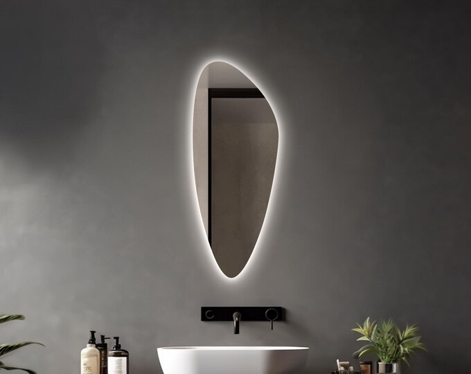 Sleek Irregular Wall Mirror | LED Dimmable Light for Bathroom & Living Room