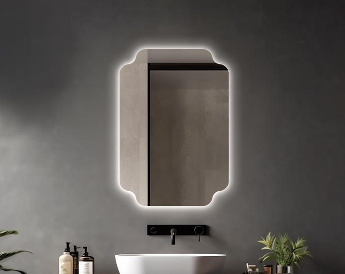 MODERN LED MIRROR | Asymmetrical Backlit Wall Mirror | Dimmable Lighted Mirror for Bathroom, Bedroom, and Living Spaces