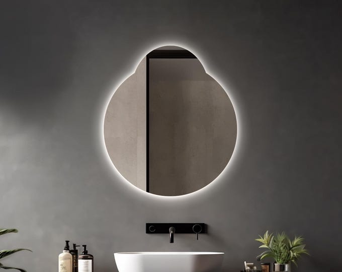 ASYMMETRICAL LIGHTED MIRROR | Dimmable Soft Glow Backlighting | Modern Irregular Wall Mirror for Bathroom, Bedroom, and Living Spaces
