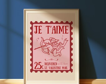Je t'aime Valentines Day Print, Cupid Art Print, Valentine Stamp Printable Wall Art Cute Wall Art, Pink & Red Preppy Wall Art Retro Wall Art