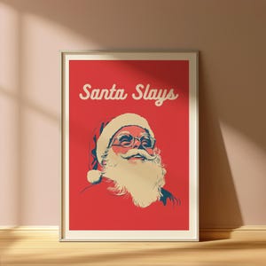 Santa Slays Poster, Red Retro Christmas Print, Christmas Wall Art, Holiday Home Decor, Funny Quote Christmas Print, Digital Download