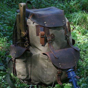 Vintage Military-Style Canvas Backpack with Leather Straps for Camping,Waterproff Canvas Rucksack,Bushcraft,Christmas gift,Camping Gift