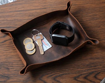 Handmade Brown Leather Valet Tray: Crazy Horse Leather Catchall