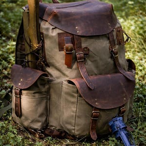 Vintage Military-Style Canvas Backpack with Leather Straps for Camping,Waterproff Canvas Rucksack,Bushcraft,Christmas gift,Camping Gift