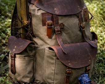 Vintage Rucksack im Militärstil aus Canvas mit Lederriemen fürs Camping,Wasserdichter Rucksack,Canvas Rucksack,Bushcraft,Weihnachtsgeschenk, Camping