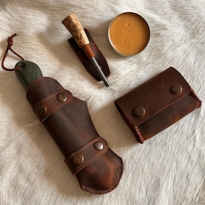 Set da campeggio in pelle per bushcraft: fodero per sega, kit per spezie, crema per la cura