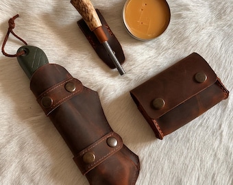 Leather Bushcraft Camping Set: Saw Sheath, Spice Kit, Care Cream