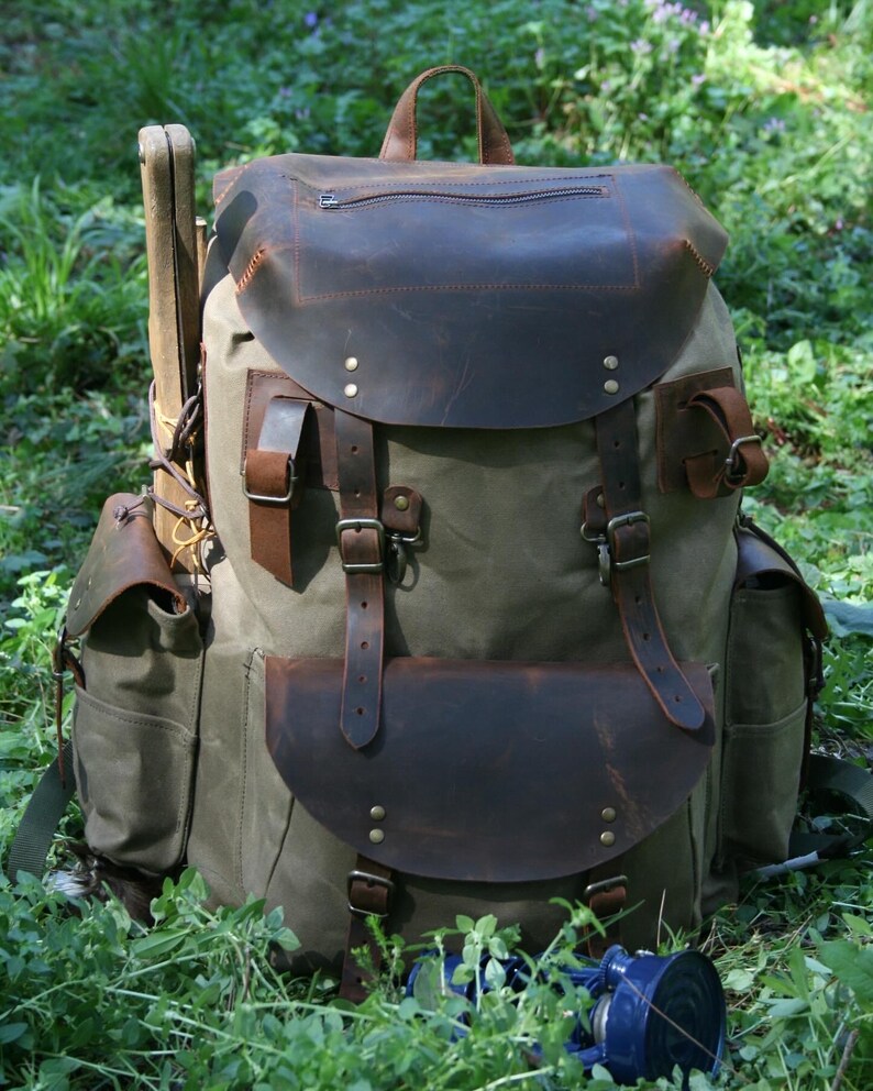 Bushcraft Backpack,leather&canvas Backpack ,waterproof Canvas Rucksack ...