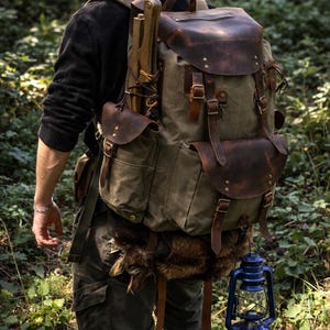 Bushcraft Backpack,Leather&Canvas Backpack ,Waterproof Canvas Rucksack,Handmade Backpack,Woodsman gift,Camping Backpack,Hunting.