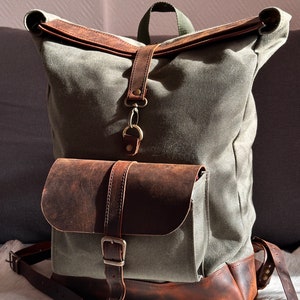 Handmade Leather & Canvas Roll-Top Backpack: Hiking Camping Urban Bag