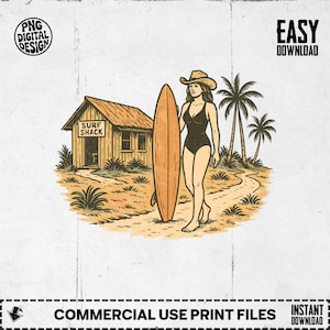 Cowgirl Surf Shack,Vintage Summer Western PNG SVG,Retro Beach Babe Clipart,Cowgirl Surfer Design,Cowgirl Surfboard Art