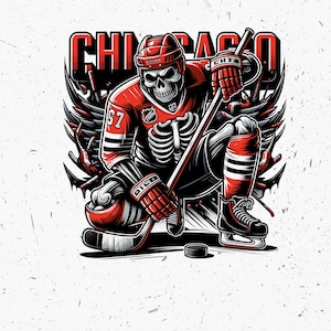 Edgy Skeleton Hockey Player 57 in rode trui, png PNGEgg - gedurfd Chicago-grafisch ontwerp voor T-shirts, mokken en DTF-overdracht