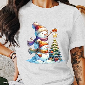 Vrolijk winters tafereel met sneeuwpoppen met ster, kerstboom en cadeautjes - png-afbeelding voor sublimatie en T-shirt, kaartontwerp