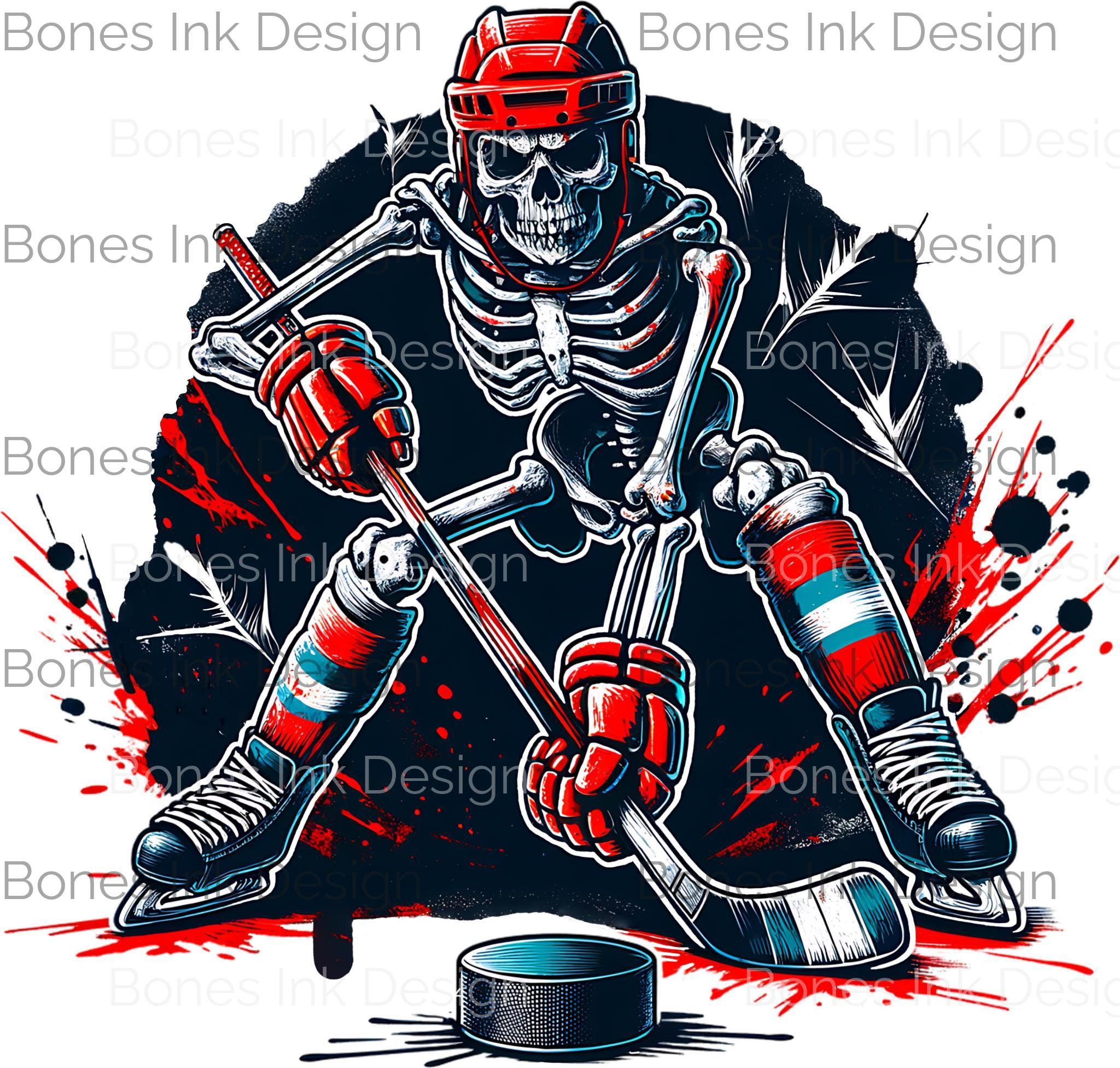 Dynamic Skeleton Hockey Player in Red Gear for Kids T-Shirt Design, Sublimation, DTF Transfer, and Tumbler Wrap