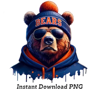 Trendy Sport Mascot Bear in Blue Hoodie and Beanie with BEARS Text - Perfect for T-Shirt Design and Digital Download,Sport Football Team Png