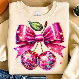 Disco Cherries Design, Trendy T-shirt png, Sublimation Design, Fruit Bow Graphic, Party Cherries Digital Download, T-shirt Transfer