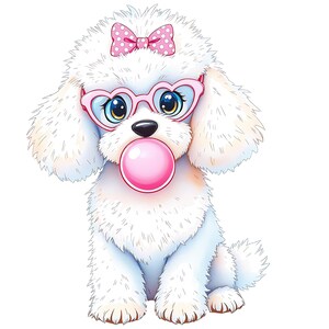 Cute White Poodle with Polka Dot Bow and Bubble Gum PNG Clipart for T-shirt Design, Mug Wrap, and DTF Transfer Commercial Use Dog Lover