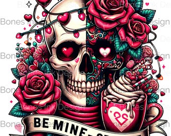 Be Mine - Or Else Skull Design with Roses - Romantic and Macabre Art for T-Shirts, Tumblers, Valentines Day png , DTF transfer