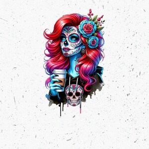 Coloré Sugar Skull PNG Halloween Coffee Clipart pour T-shirts, gobelets et oeuvres d'art mural - fichier DTF à téléchargement immédiat pour les projets de sublimation