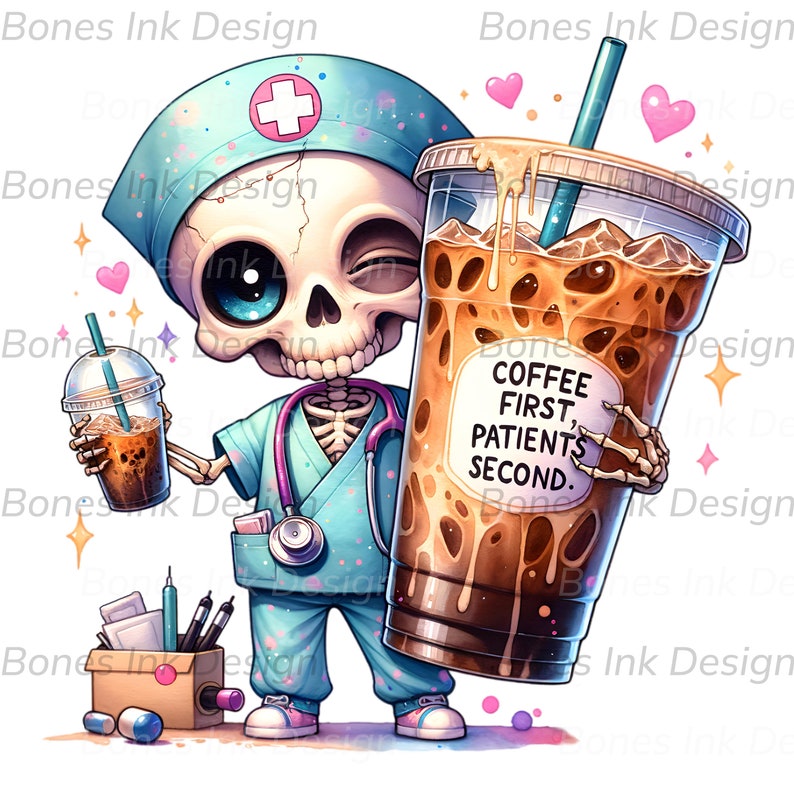 Cute Skeleton Nurse PNG Clipart for Sublimation, DTF Files, T-shirt ...