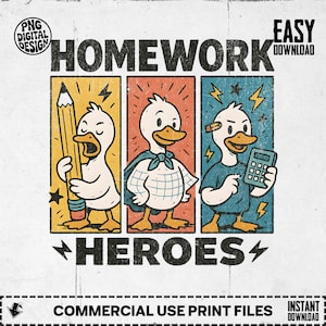 Heróis de dever de casa retrô PNG, clipart de quadrinhos engraçados de pato, design de super-herói escolar, volta às aulas vintage, presente para professor, decoração para aluno