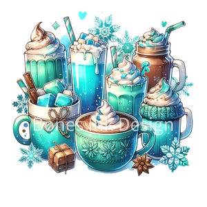 Bevande invernali stravaganti png Clipart - Bevande festive con panna montata e guarnizioni colorate per T-shirt, design del bicchiere, trasferimento DTF